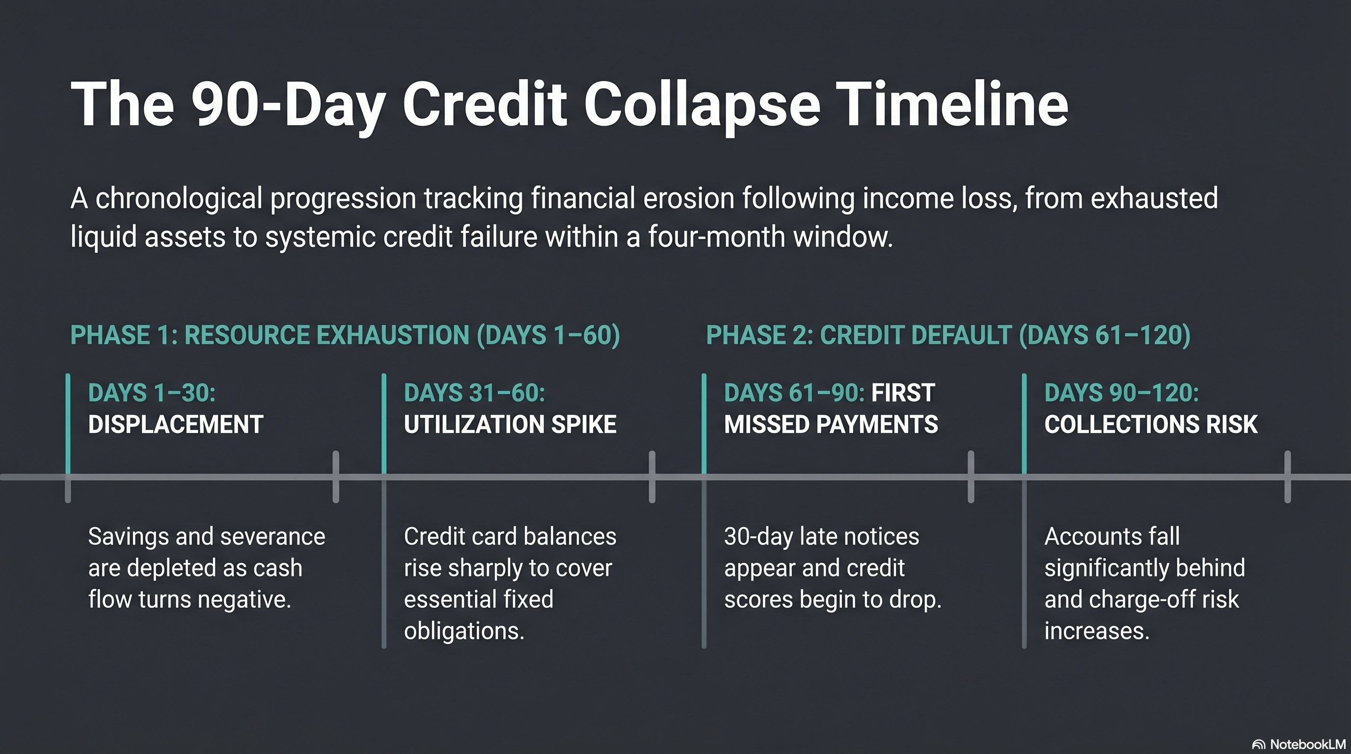 The 90-Day Credit Collapse Timeline infographic showing four phases: Days 1-30 Displacement (savings depleted), Days 31-60 Utilization Spike (credit card balances rise), Days 61-90 First Missed Payments (scores begin to drop), Days 90-120 Collections Risk (charge-off risk increases)