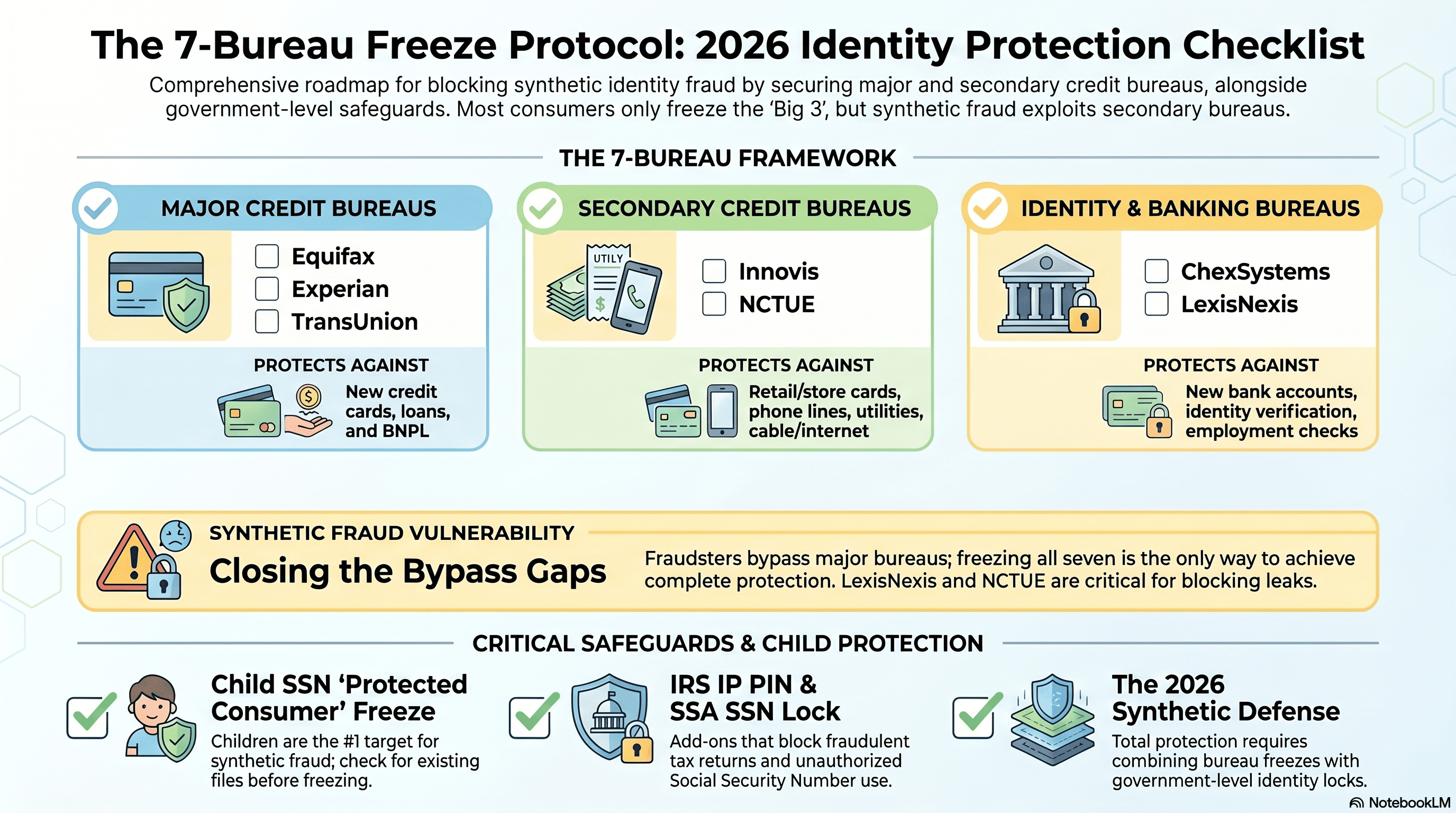 Infographic: The complete 7-bureau freeze protocol required to block synthetic identity fraud