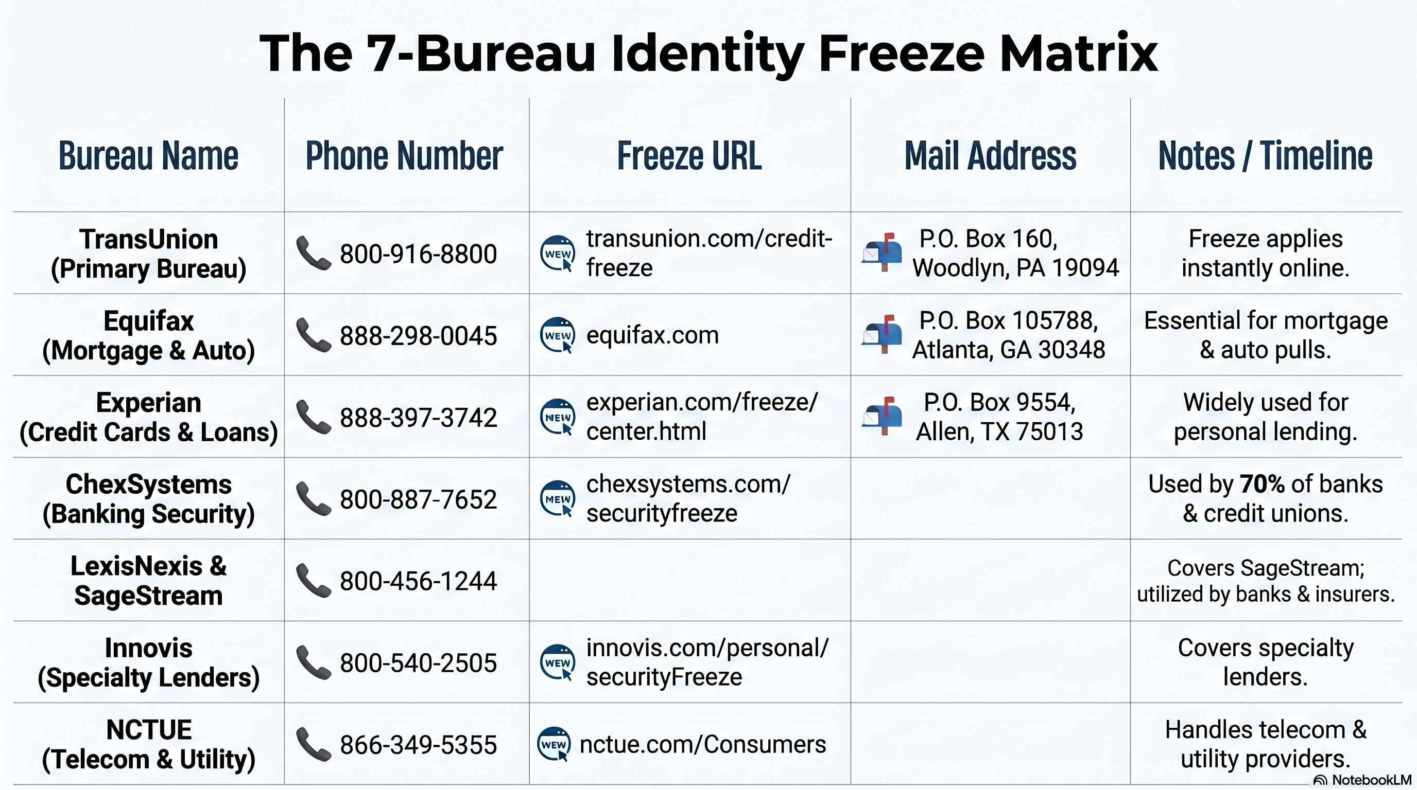The 7-Bureau Identity Freeze Matrix: Complete contact directory showing Bureau Name, Phone Number, Freeze URL, Mail Address, and Notes/Timeline for all seven bureaus — TransUnion (800-916-8800, primary bureau for credit freezes), Equifax (888-298-0045, essential for mortgage and auto pulls), Experian (888-397-3742, widely used for personal lending), ChexSystems (800-887-7652, used by 70% of banks and credit unions), LexisNexis & SageStream (800-456-1244, covers SageStream utilized by banks and insurers), Innovis (800-540-2505, covers specialty lenders), and NCTUE (866-349-5355, handles telecom and utility providers). Includes all mailing addresses, freeze URLs marked NEW, and timeline coverage notes for complete 7-bureau security freeze strategy