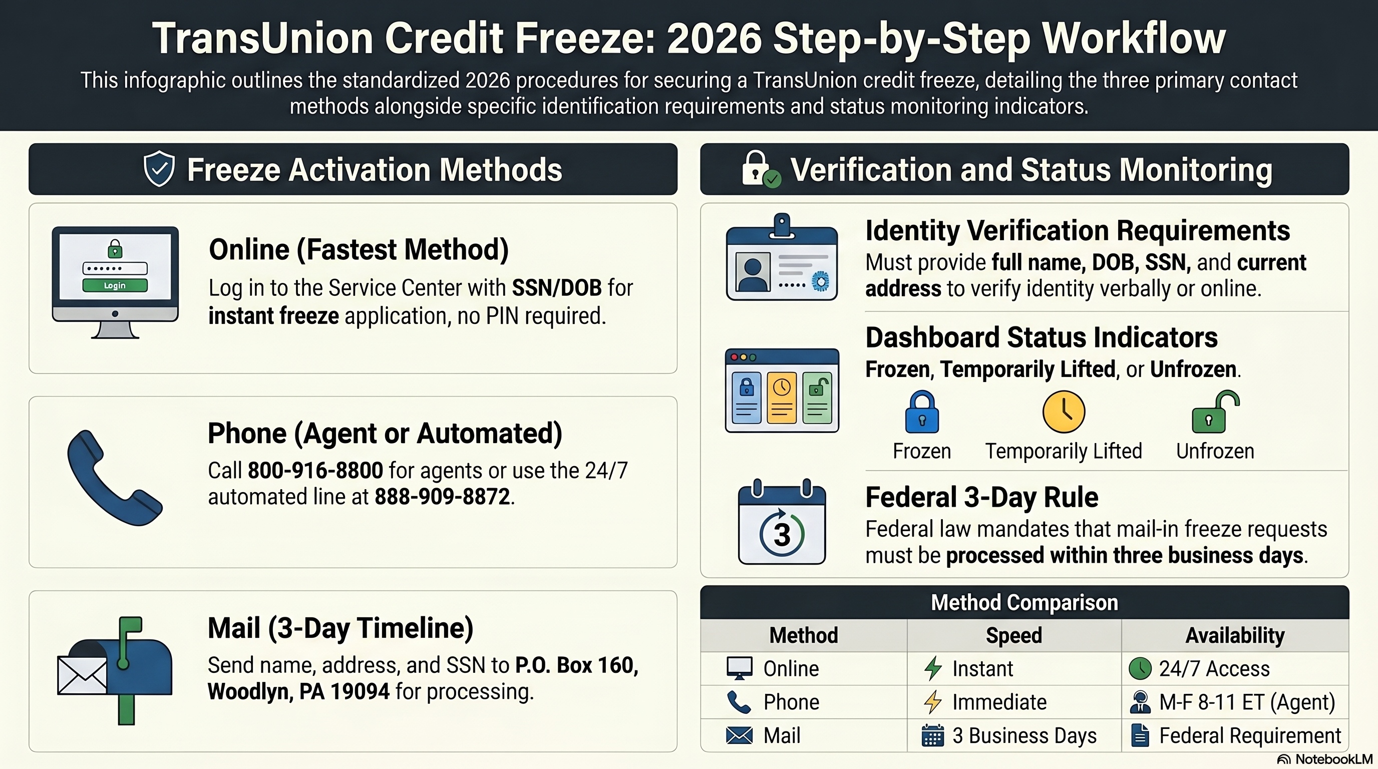 TransUnion Credit Freeze 2026 Step-by-Step Workflow: Three Freeze Activation Methods (Online via SSN/DOB with instant access, Phone at 800-916-8800 or 888-909-8872 for agent/automated, Mail to P.O. Box 160 Woodlyn PA 19094 with 3-day timeline) plus Verification and Status Monitoring showing identity requirements and dashboard status indicators (Frozen, Temporarily Lifted, Unfrozen) with Federal 3-Day Rule and method comparison table